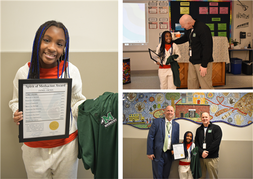 student Janel holding spirit of methacton award and posing with superintendent and principal